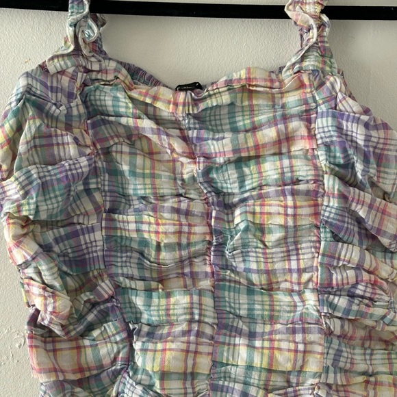 Versona Size XL Colorful Plaid Ruched Ruffle Smocked Cropped Tank Top - Picture 2 of 4
